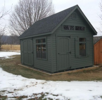 12x16 Manor Cape Cod With Lapp Siding Extra Single Door Double Transom In Gable 1 Extra 24x36 Window 50" Shutters Transom Windows above all Windows