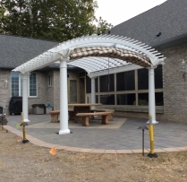 14x16 Arcadian White Vinyl Pergola, Round Column, Heather Beige Classic EZ Shade Canopy