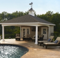 18x26 Avalon with vinyl siding, 15 lite prehung double doors, 9 lite prehung door, curved trim, 48" concave copper top coupola with glass