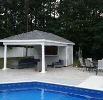 12 x 20 Avalon with vinyl siding, hinged windows, serving counter.