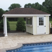 10x16 Avalon with vinyl siding, 2 8" round columns, 9 lite door, hip roof, 8' serving window/removable, serving counter/trek