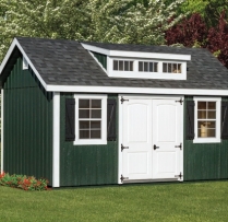 10x16-New-England-Elite-Dual-black-Shingles-Forest-green-body-with-white-trim-3-transom-dormer-2-Panel-FG-Door