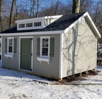 12x16 New England Elite Lapp Siding 3 Window Transom Dormer Extra Deluxe Door Trim Trim Shutter Combo New England Flower Boxes