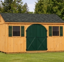 10x14 A-Frame Green Shingles, Fir Pine Stain, Green Door & Shutters, Arch Door, Vents