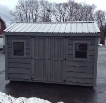 8 x 12 Traditional Cape cod with heritage siding, grey stain option and standing seam metal roof