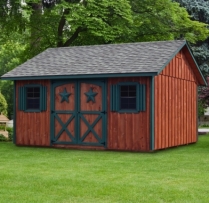 12x16 Manor with Weatherwood shingles, Rustic Cedar Stain, Green Trim, Manor Doors with Stars, Vents