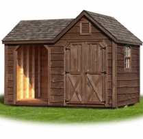 8x12 Woodshed with Heritage Siding, Weatherwood Shingles, Heritage Siding, Mushroom Stain, Small Arch Top Window, Vents