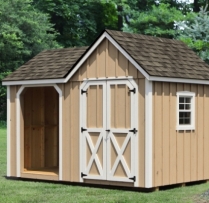 8x12 Woodshed Weatherwood Shingles, Tan Paint, White Trim