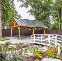 20x24 Kingston Timber Frame Pavilion - 20x24 Kingston Timber Frame Pavilion Behind Bridge and Garden