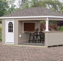 10 x 16  Siesta with straight bar, 11 lite prehung door and serving counter with pop out window