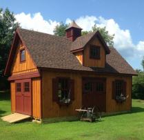 16x24 Patriot 12 Pitch 2 Story with Dormer, Cupola, Extra Rolling Doors, Carriage Door Upgrade, Larger Windows, Flower Boxes, Shutter Trim Combo, Board and Batten siding Stain Option