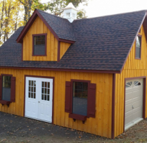 14x24 Patriot 12 Pitch 2 Story with Cupola, Dormer Board & Batten Siding, Stain option, Larger windows, Shutter trim Combo, Flower Boxes, Garage door, 9 Lite Pre-hung Door Upgrade