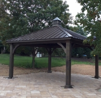 14x14 Trad wood pav. Cinder Stain, 8x8 posts, Bronze Standing Seam Metal, Cupola