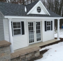 12x16 Victorian Pool House with Vinyl Siding Insulated Windows Pre-Hung Doors Upgraded 15 Lite Doors Pewter Gray Shingles